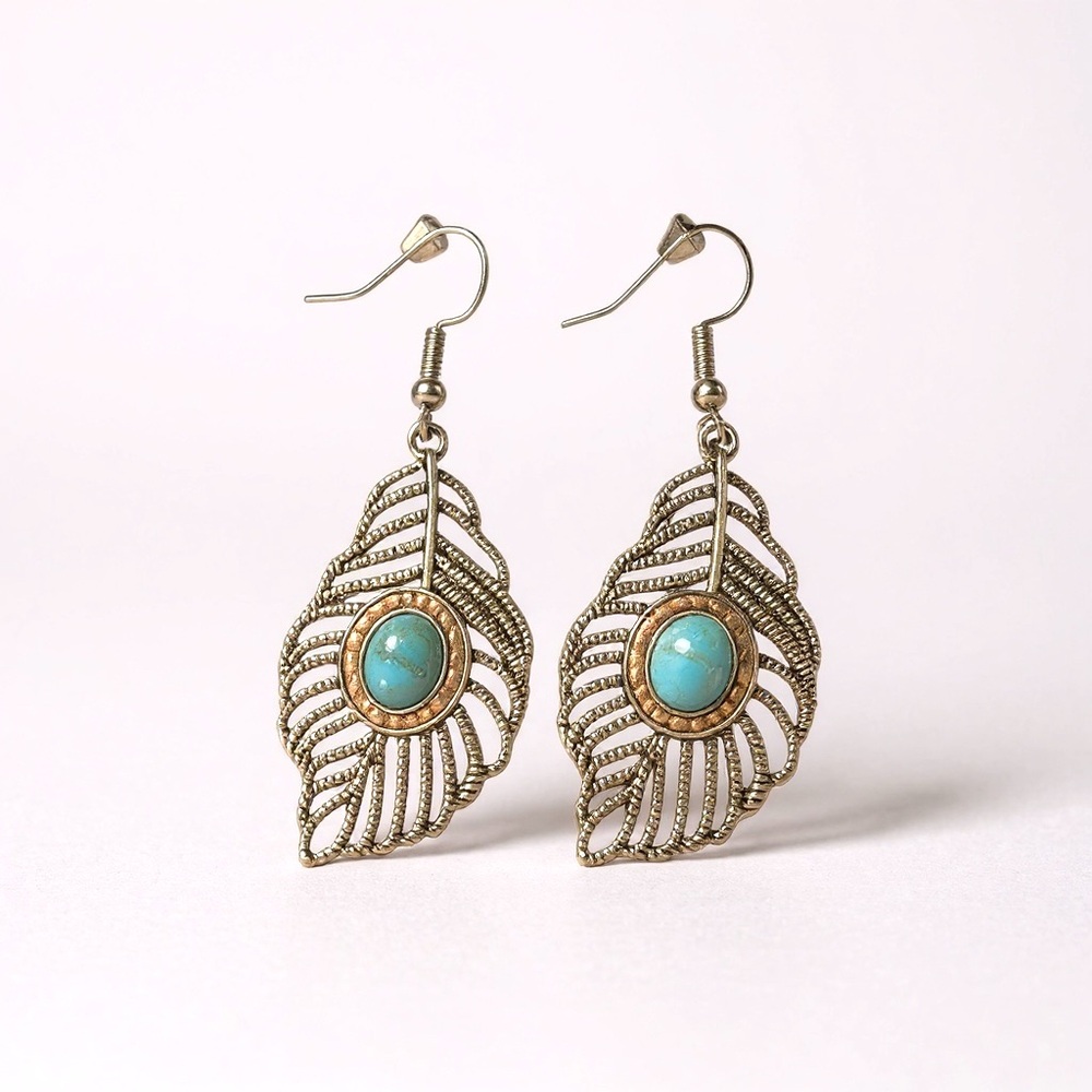 Gold Filigree Leaf Earrings with Turquoise Center Bohemian Style